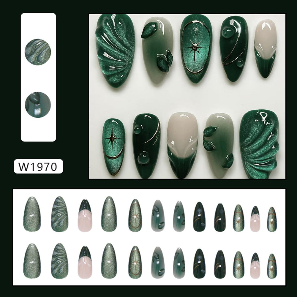 YKZFUI cat-eye French nails with leaves pattern for stylish wear
