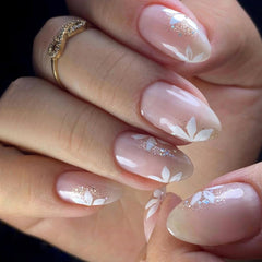 YKZFUI glitter pink press-on nails with flower design for quick, salon-like manicure.