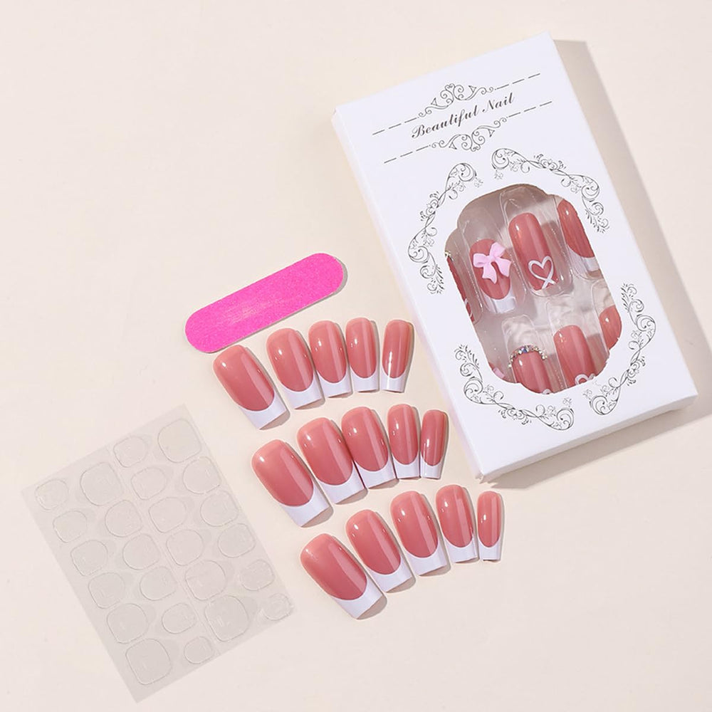 YKZFUI long square nails with hearts and rhinestones for date night