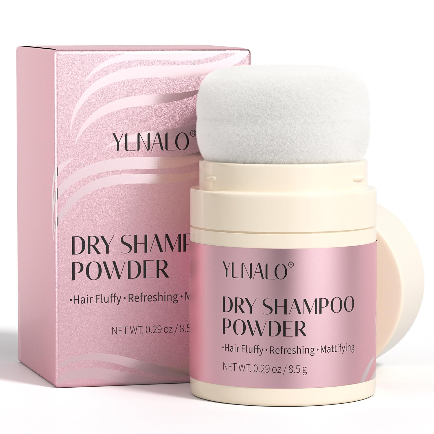 YLNALO dry shampoo powder packaging shows travel-friendly size and simple use