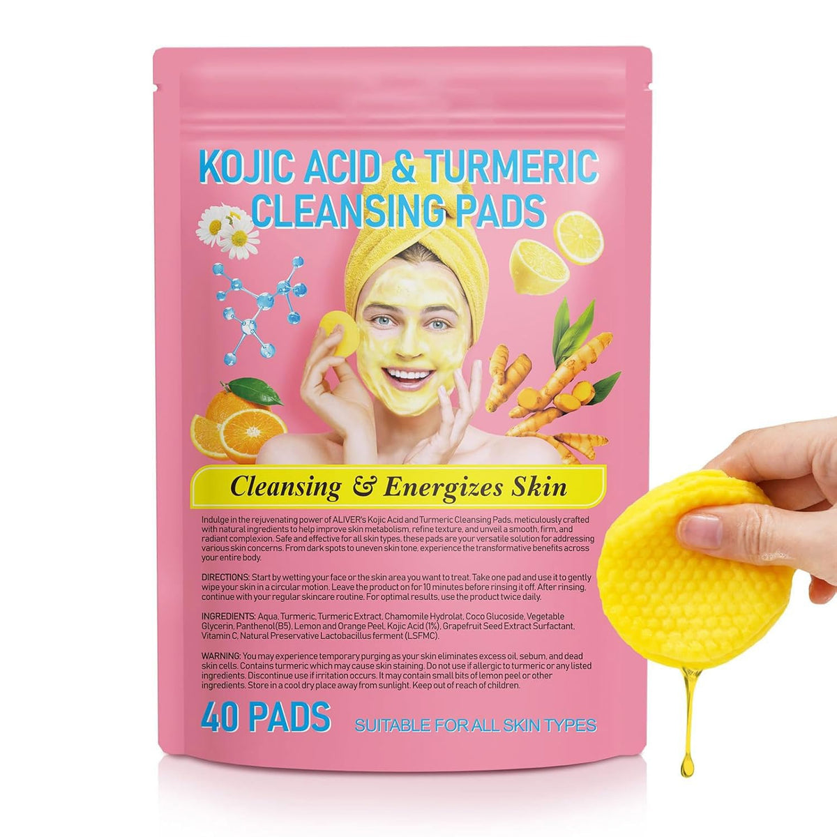 YLXYZUAD turmeric kojic acid cleansing pads packaging for daily exfoliation and skin refreshment.