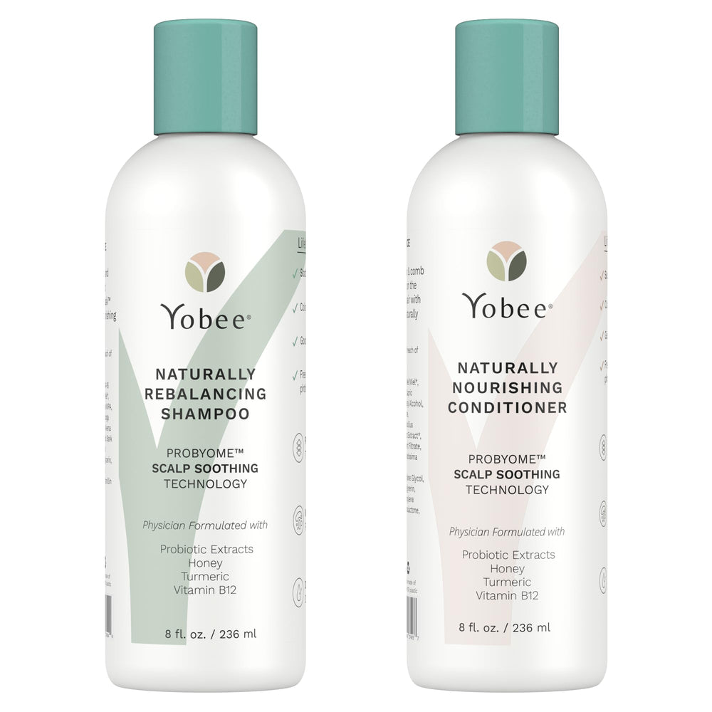 Yobee Probiotic Shampoo bottle label highlights gentle cleansing for sensitive scalps.