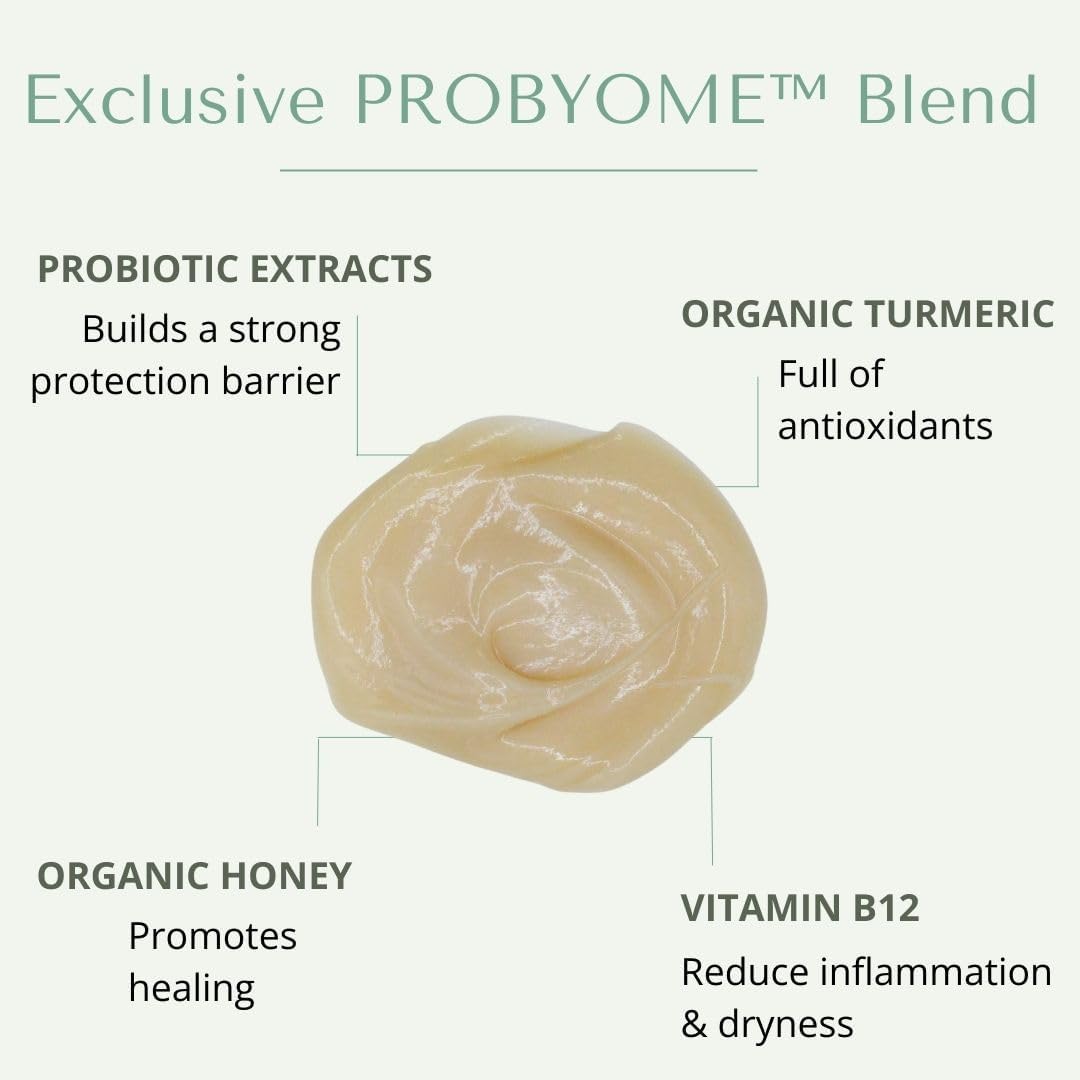 Yobee Probiotic Shampoo ingredient-list featuring organic honey and turmeric benefits.