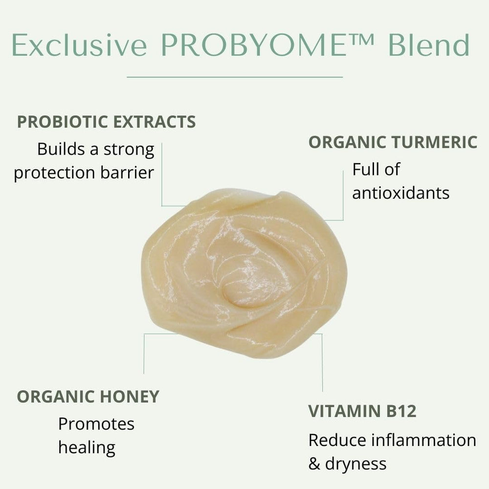 Yobee Probiotic Shampoo ingredient-list featuring organic honey and turmeric benefits.