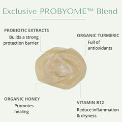 Yobee Probiotic Shampoo ingredient-list featuring organic honey and turmeric benefits.