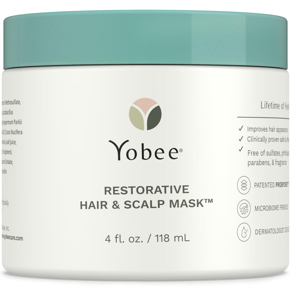 Yobee Restorative Scalp Mask bottle close-up showing probiotic formula for healthier scalp