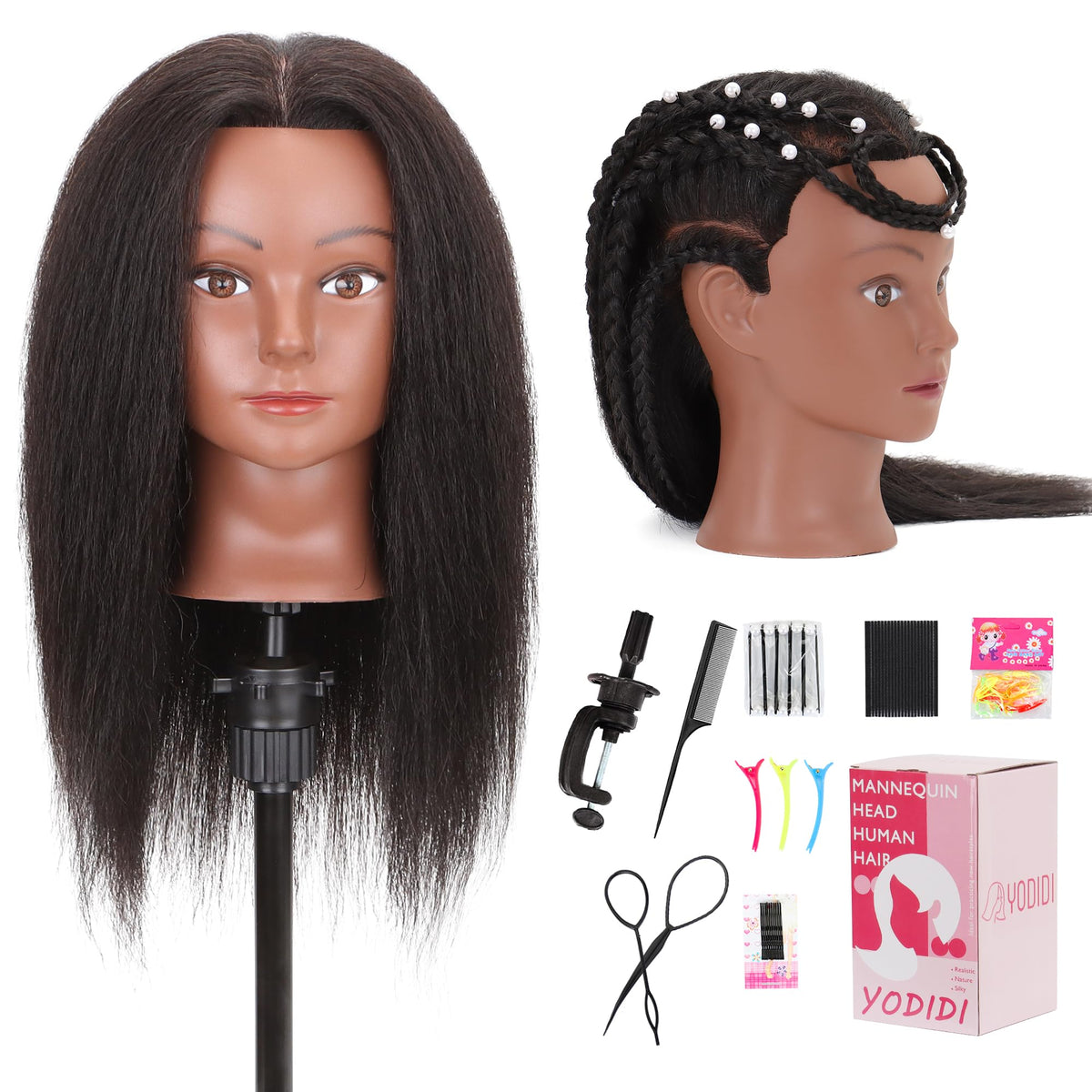 YODIDI mannequin head with 100% human hair close-up for lifelike practice.