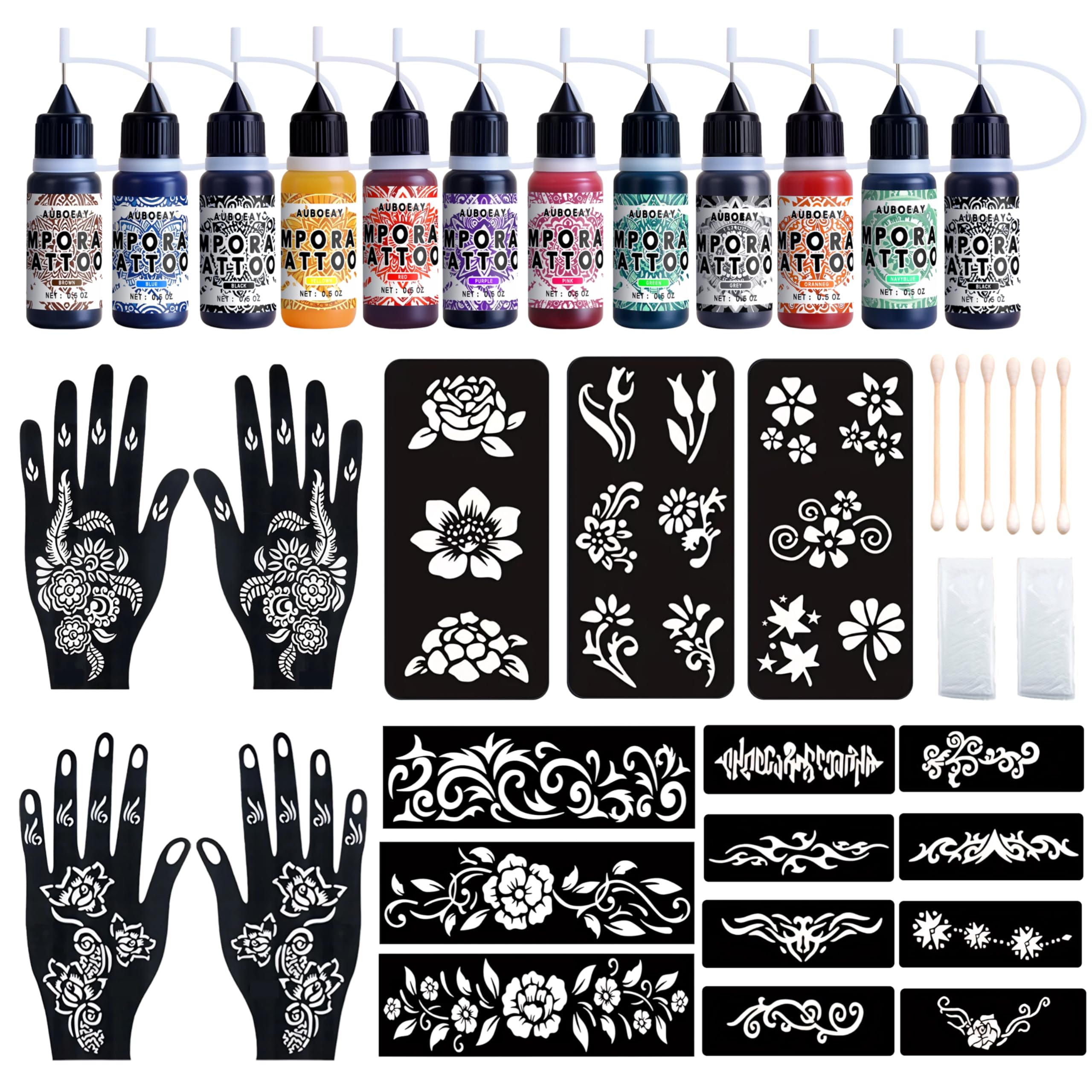 YOEALABY temporary tattoo ink bottles displayed for vibrant color options.