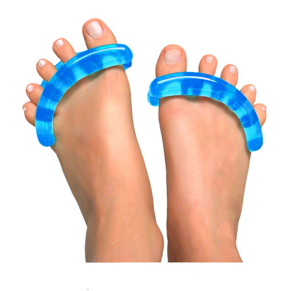Yoga Toes Classic toe stretcher in sapphire blue highlighting target area for toe separation.