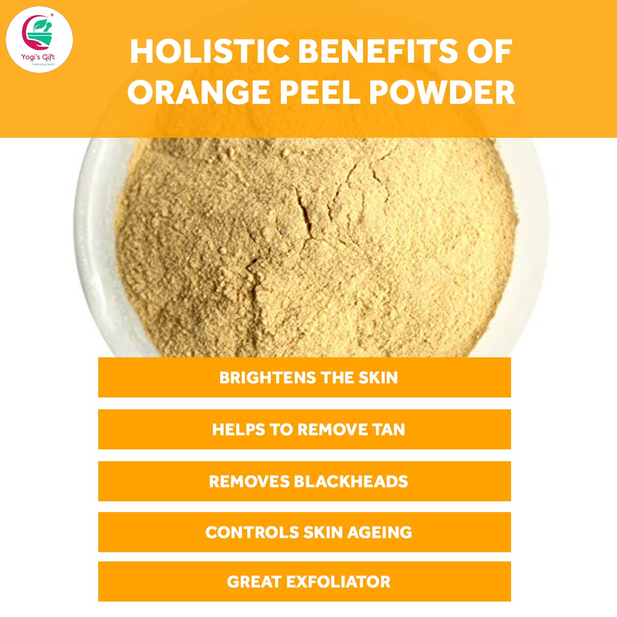 Yogi’s Gift orange peel powder used for exfoliation and pore cleansing close-up.