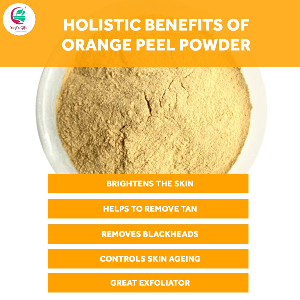 Yogi’s Gift orange peel powder used for exfoliation and pore cleansing close-up.
