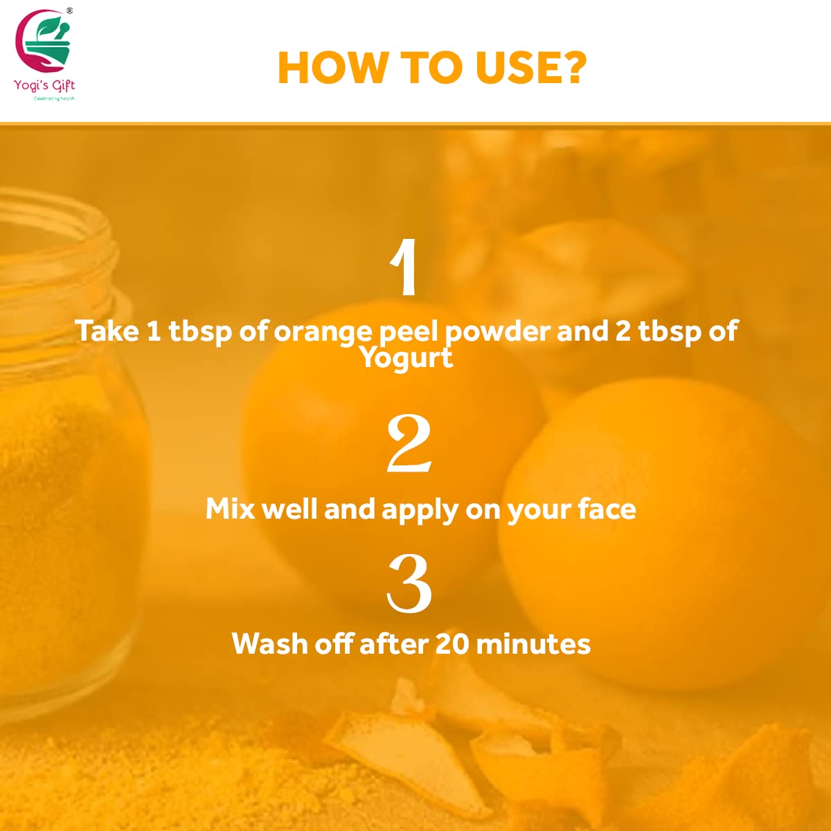 Vanity scene with Yogi’s Gift orange peel powder jar in a natural skincare setup.