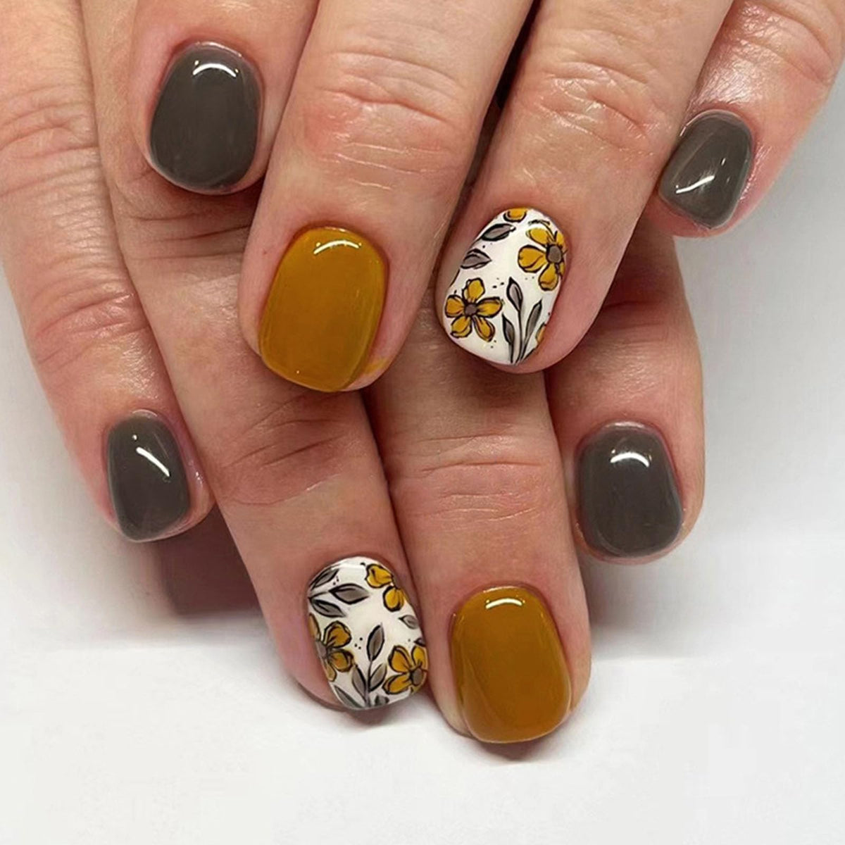 YOJIATOP square press on nails with floral yellow and grey gloss for fall style