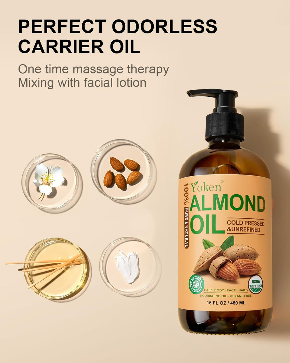 Yoken almond oil face-application demonstrates gentle hydration.