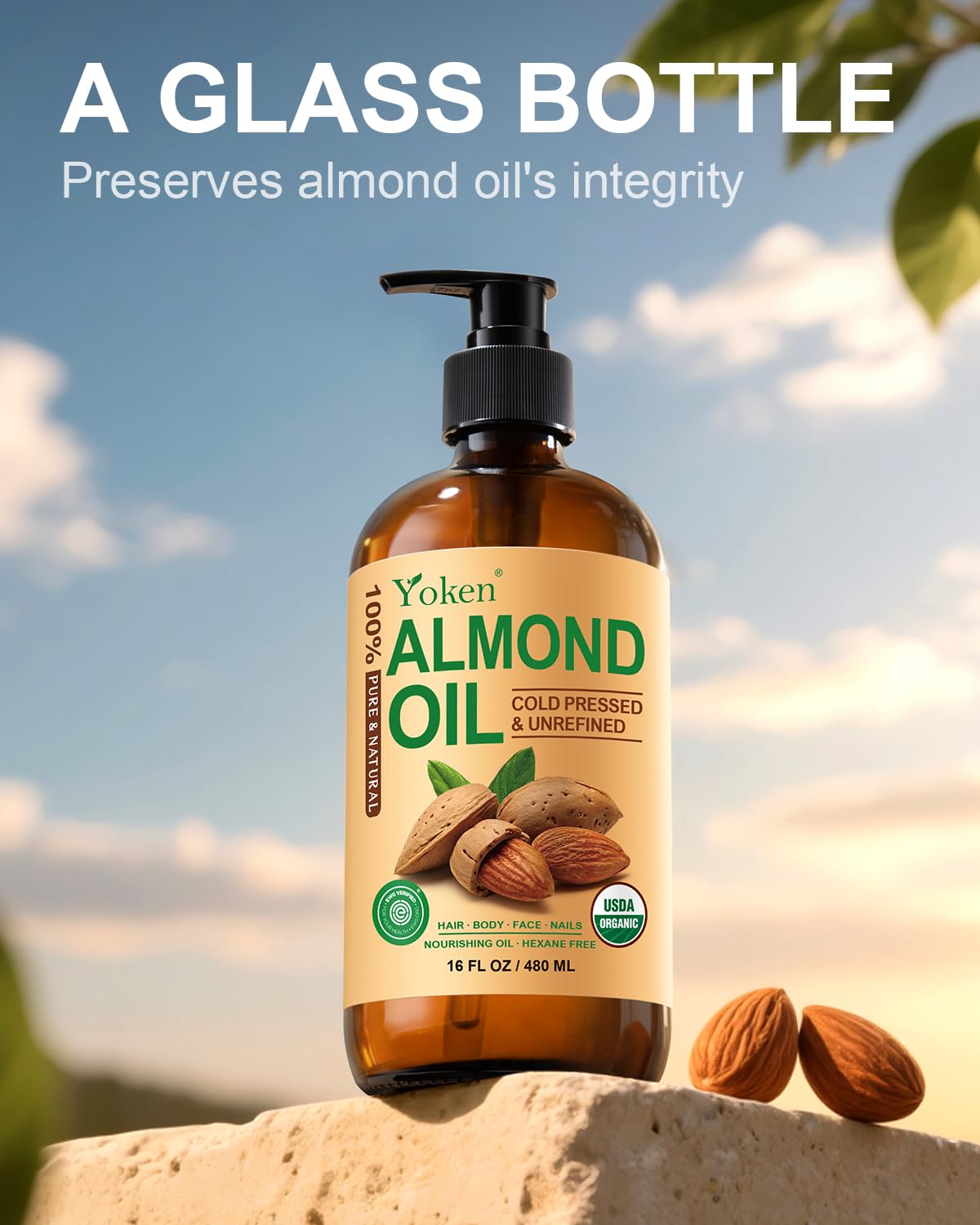Yoken almond oil hair-care shot shows nourishment without weighing hair.