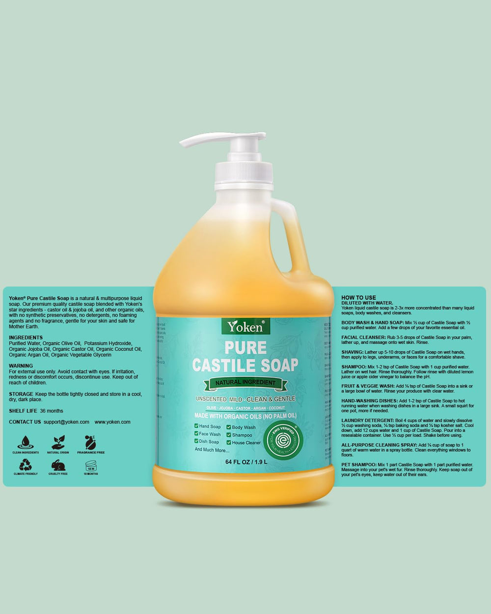 Tile and surface cleaning with Yoken Castile Soap shows multi-use versatility.