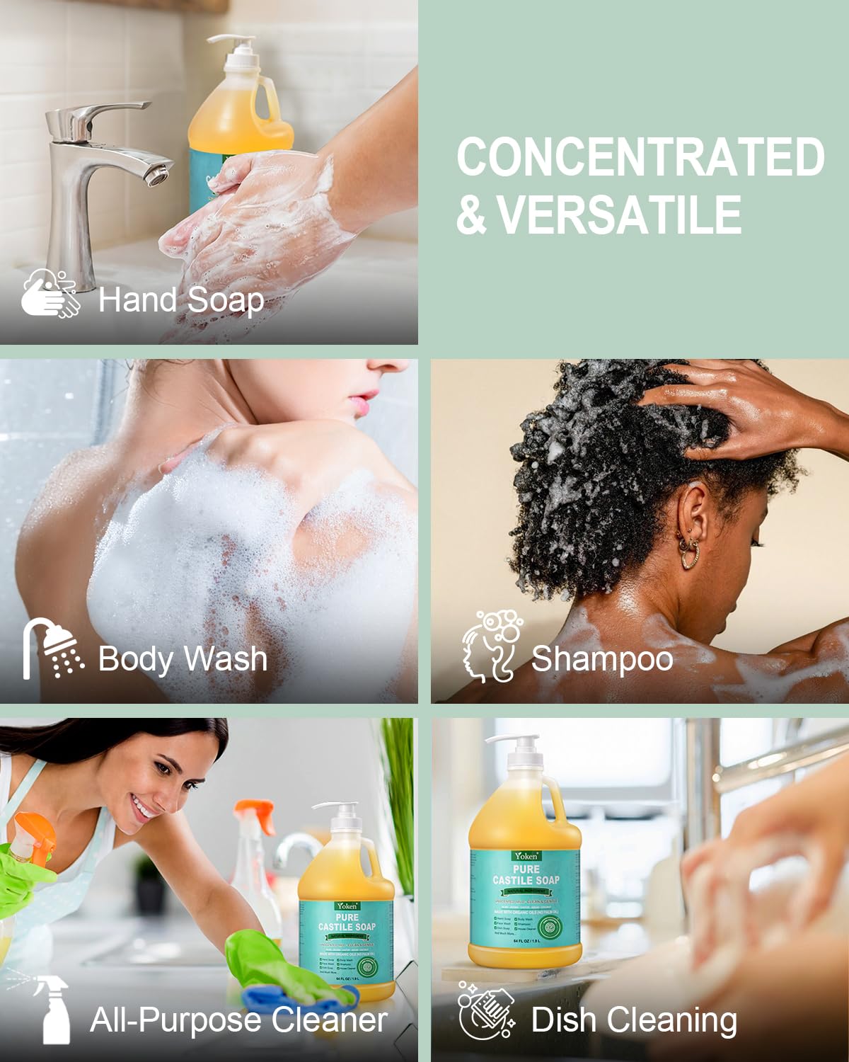 Dishwashing scene using Yoken Castile Soap for versatile cleaning.