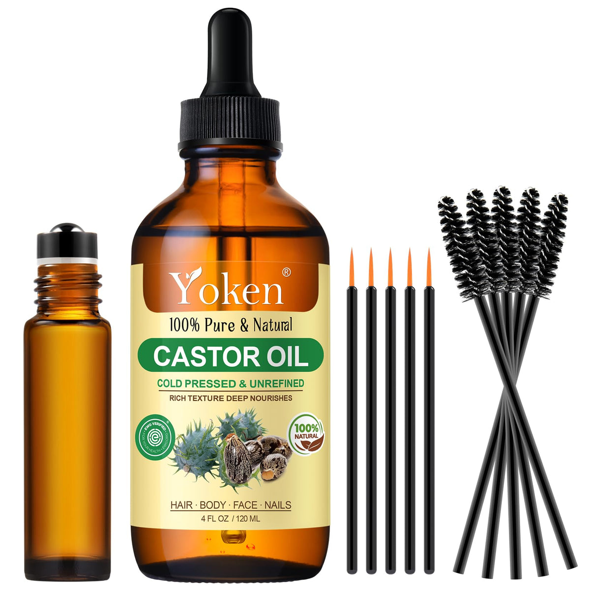 Yoken castor oil in amber bottle protecting freshness for skin and hair