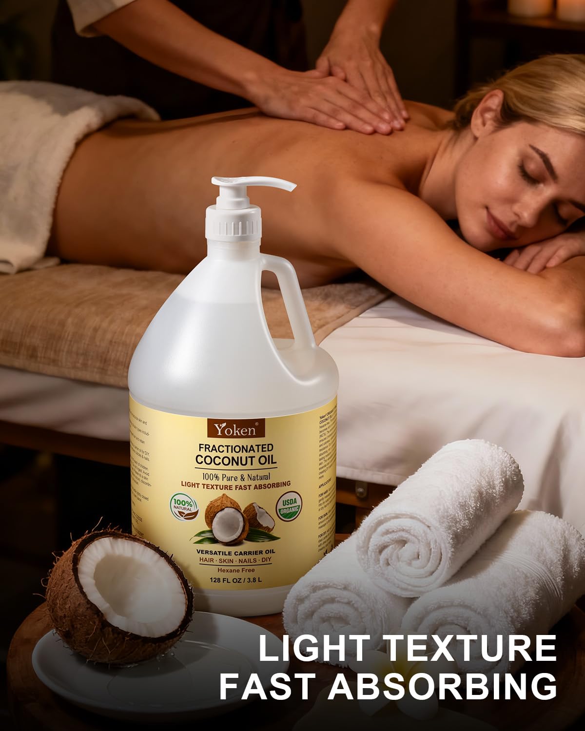 Yoken coconut oil bulk container demonstrating large-volume supply for professionals