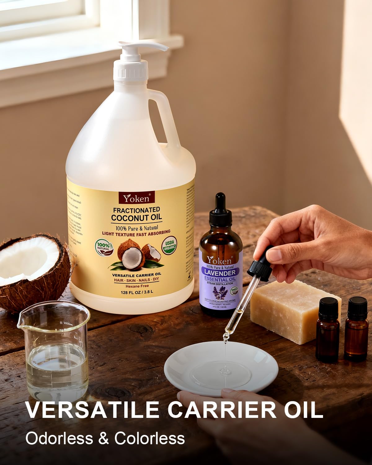 Yoken coconut oil hair care application supports softness and shine