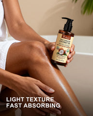 Yoken coconut oil on hair to boost softness and manageability.