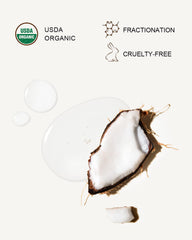 Close-up of Yoken coconut oil texture, lightweight and quickly absorbed.