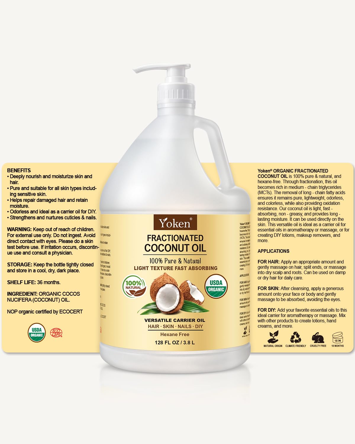 Yoken unscented coconut oil appearance shows clear, colorless liquid ready for use