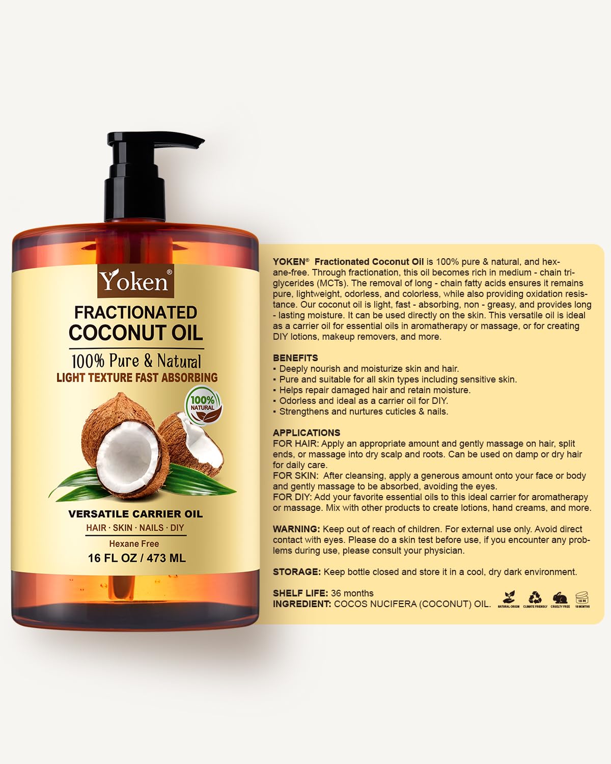 Yoken cruelty-free coconut oil for daily skincare and care.