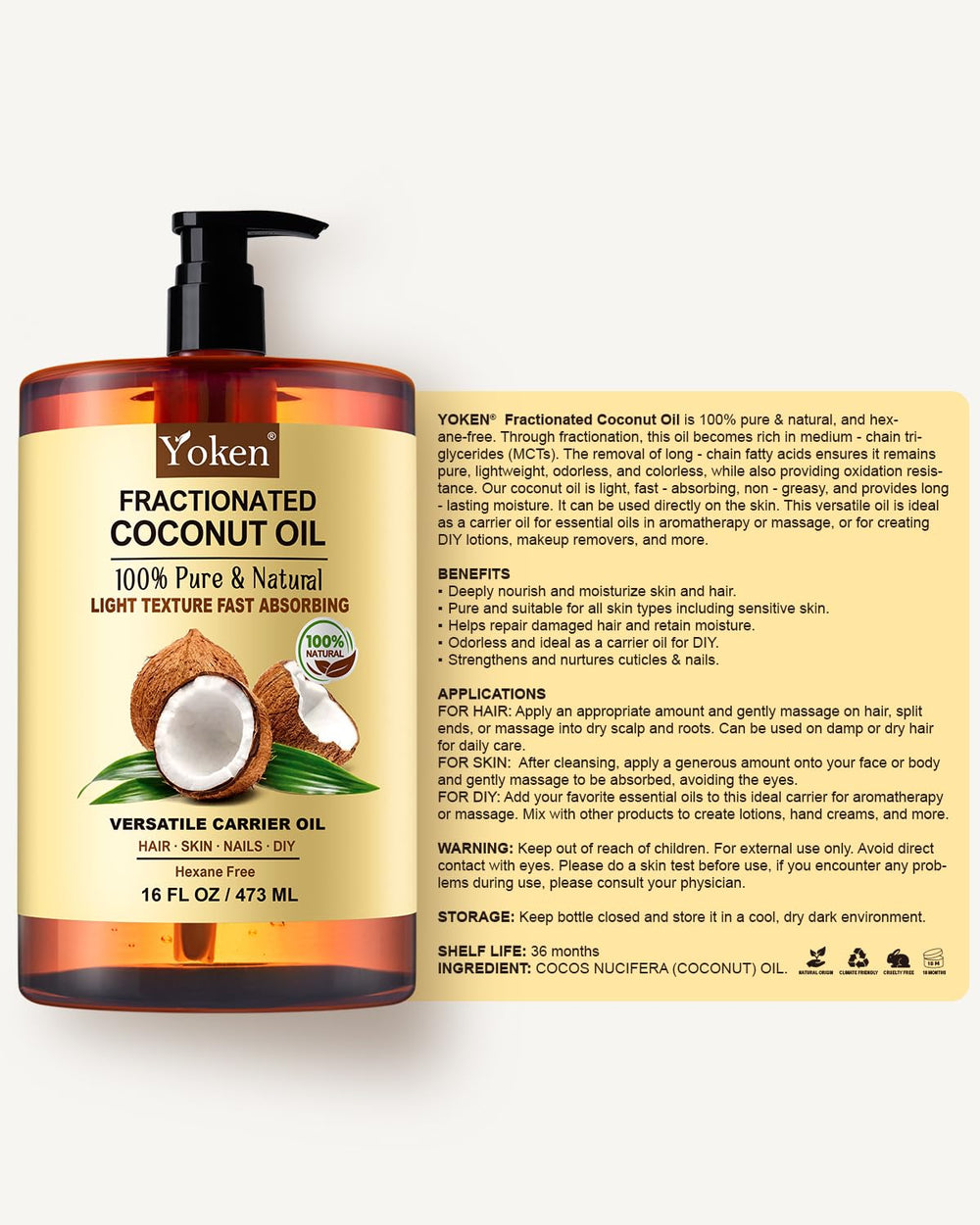Yoken cruelty-free coconut oil for daily skincare and care.