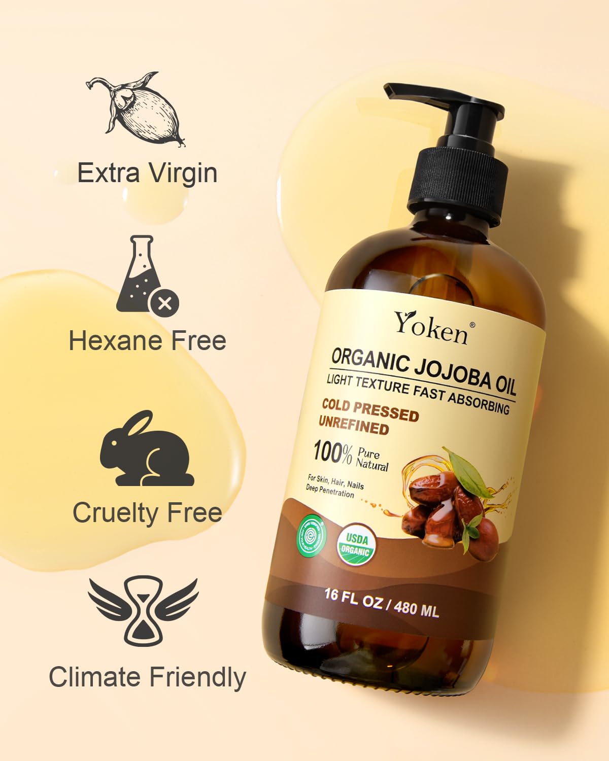 Yoken jojoba oil used as body serum for smooth skin.