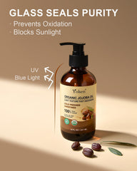 Yoken jojoba oil applied to the face for soft, radiant skin.