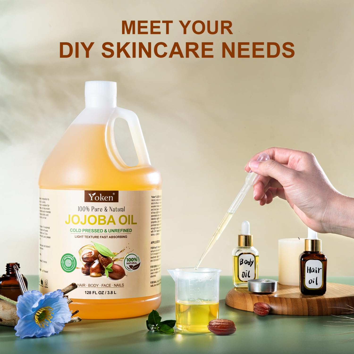 Yoken jojoba oil applied to face for hydration and softness.
