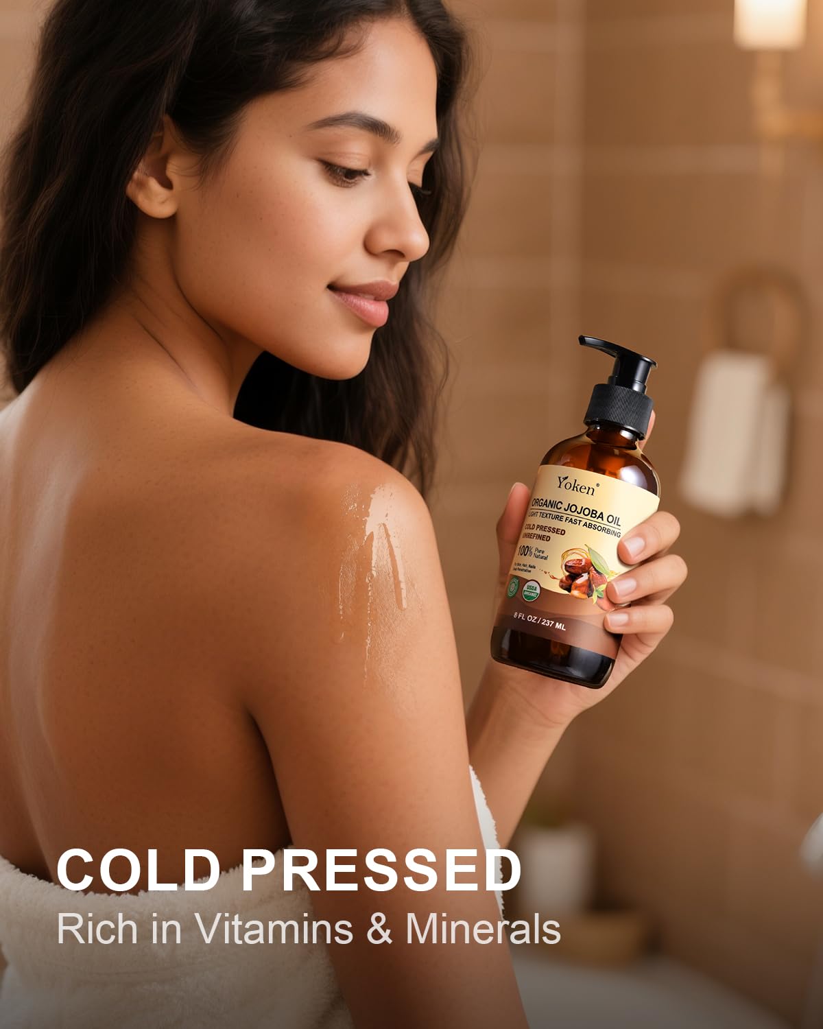 Yoken jojoba oil used on hair and nails for shine and resilience.