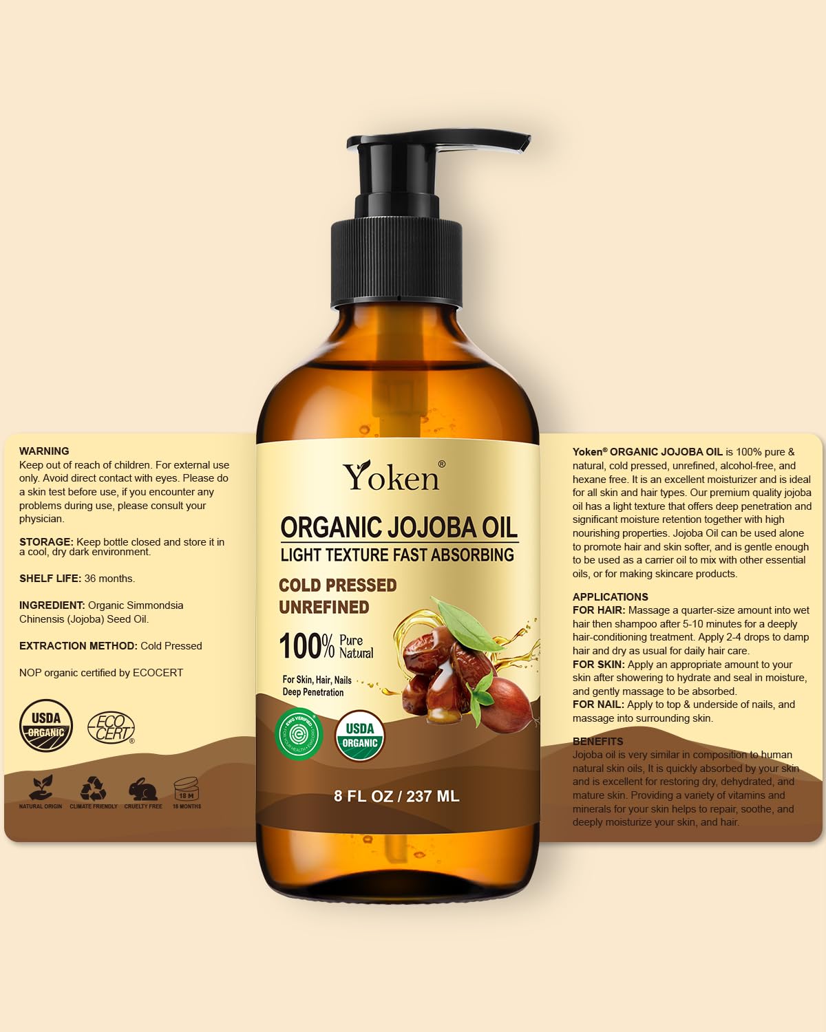 Multi-use glow from Yoken jojoba oil for face, body, hair, and beard care.
