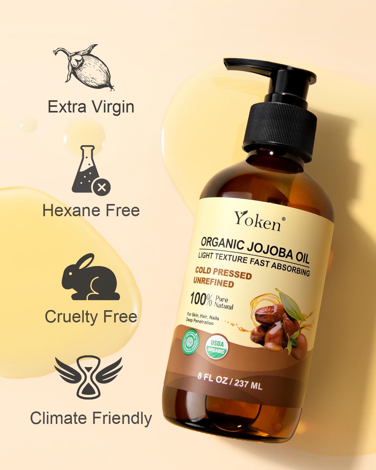 Packaging label highlights purity and hexane-free cold-pressed production by Yoken.
