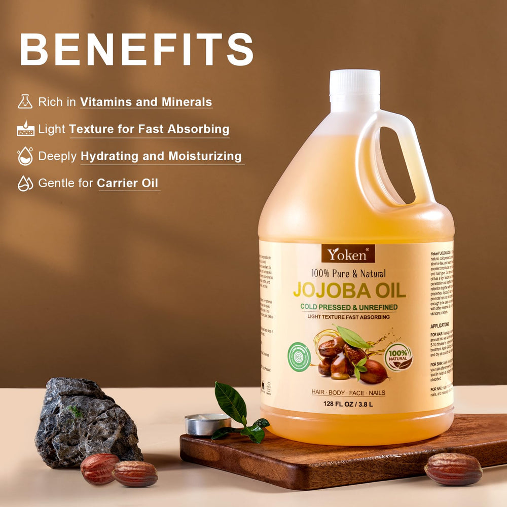 Yoken jojoba oil single-ingredient label emphasizing purity.