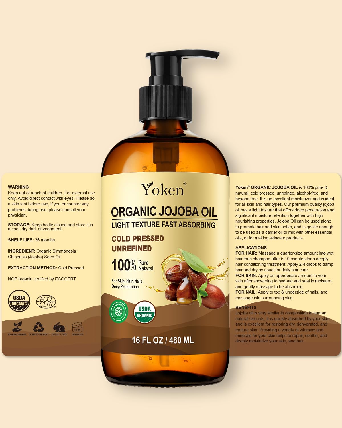 Yoken jojoba oil USDA certified badge on packaging.