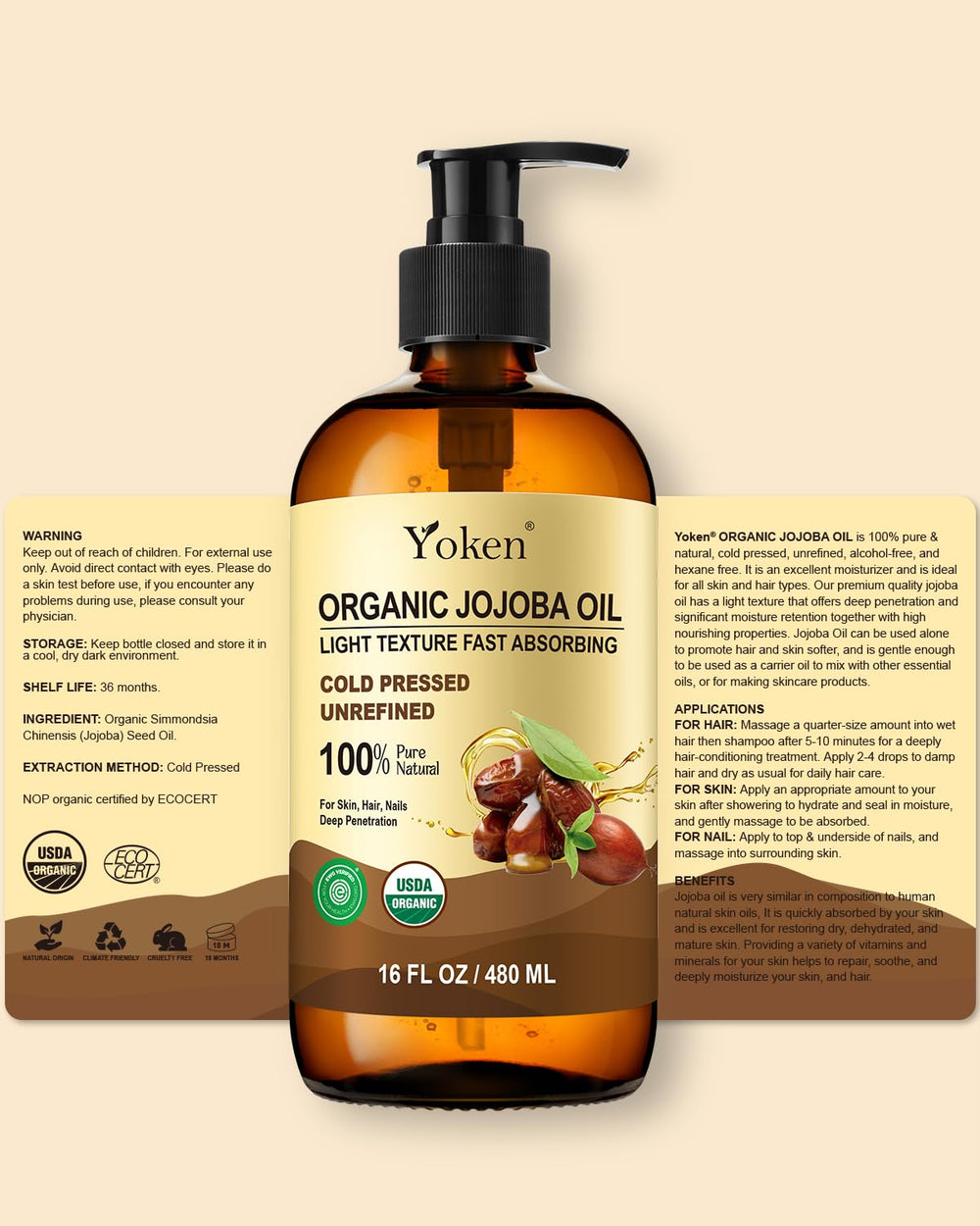 Yoken jojoba oil USDA certified badge on packaging.