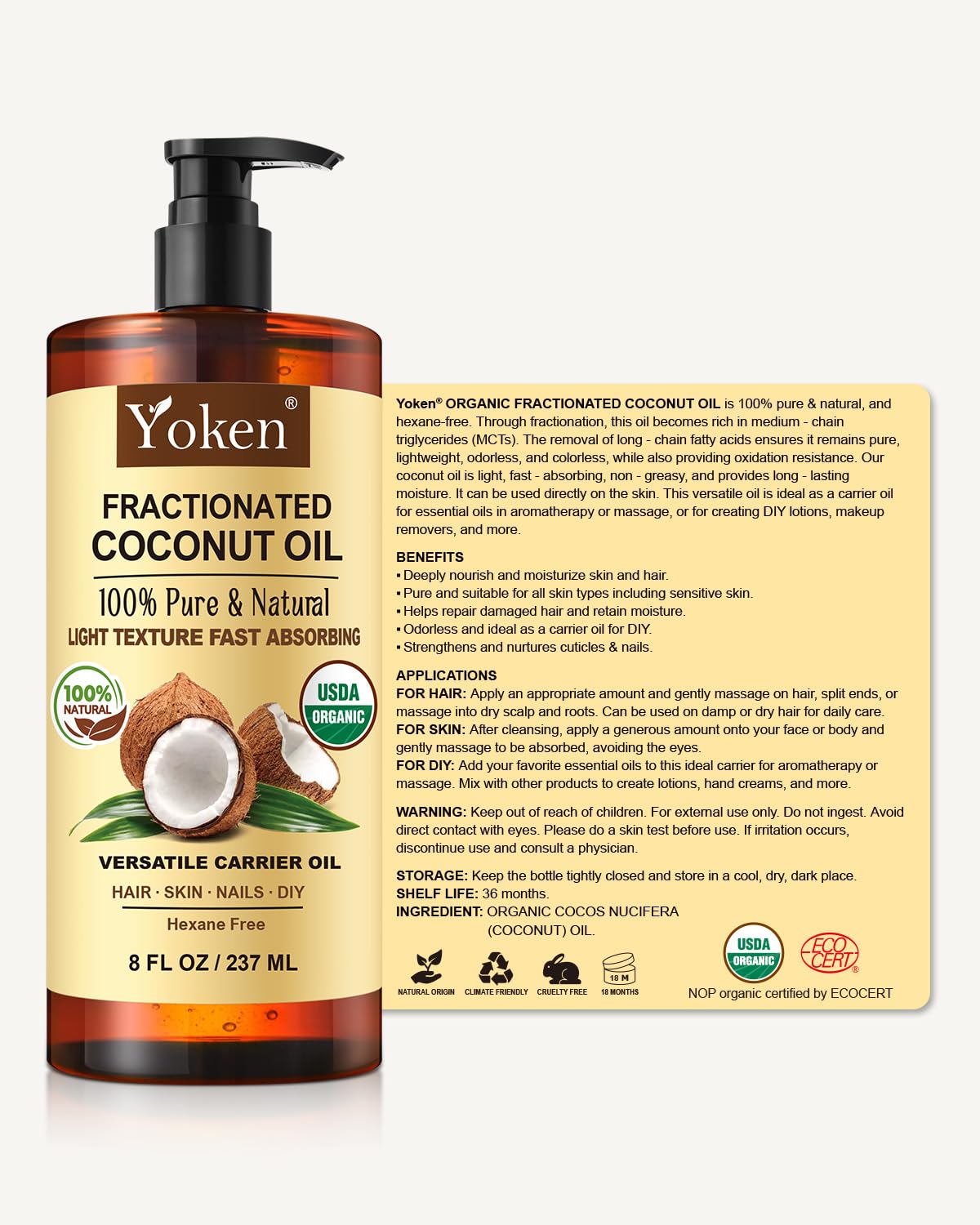 Organic certification badge for Yoken coconut oil ensuring purity.