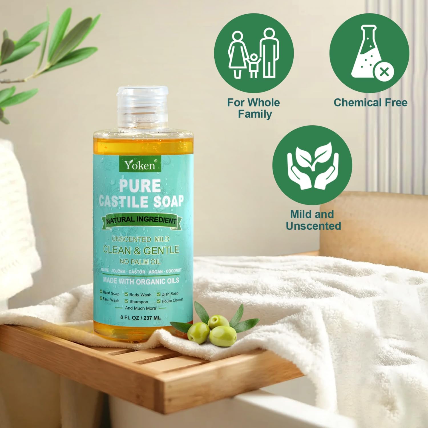 Yoken organic oils ingredients highlight a plant-based base for mild cleansing.