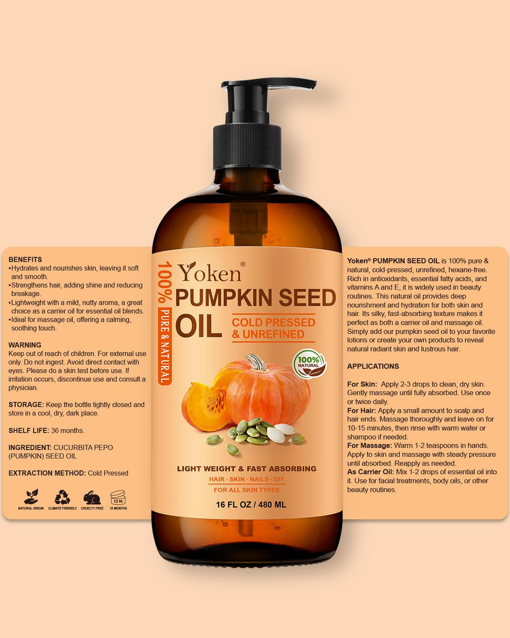 Yoken brand packaging highlights vegan, hexane-free, cold-pressed pumpkin oil.