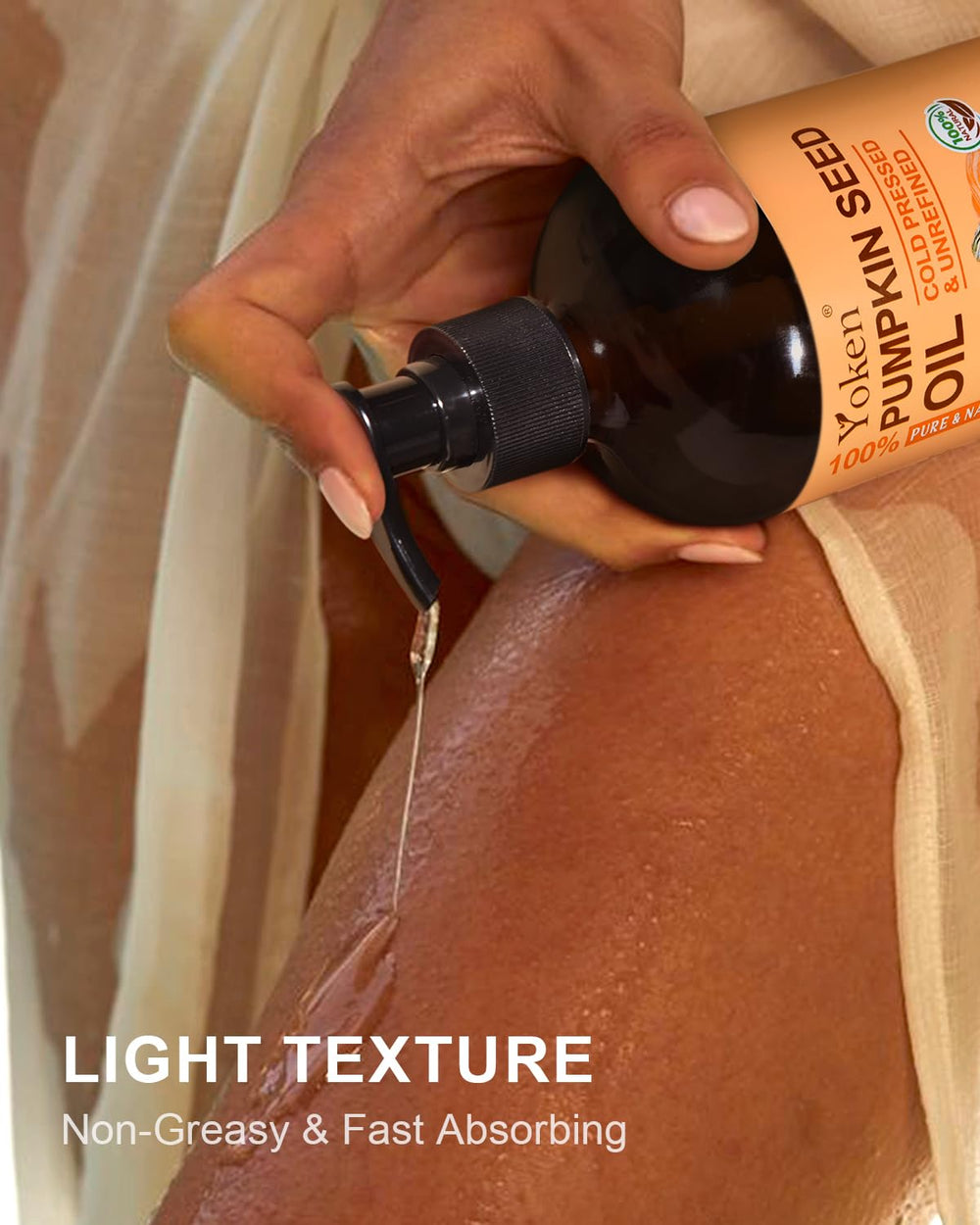 Yoken pumpkin seed oil on skin providing lightweight hydration and softness.