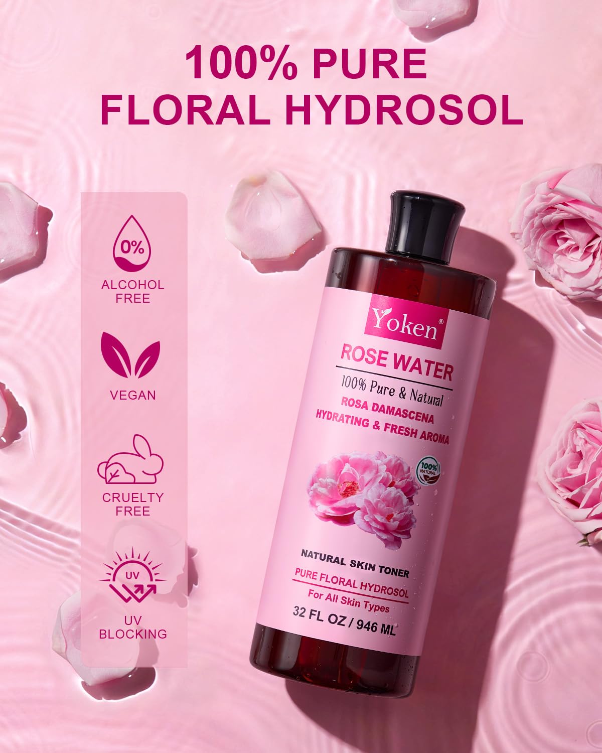 Closeup of Yoken Rose Water Toner amber bottle highlighting purity.