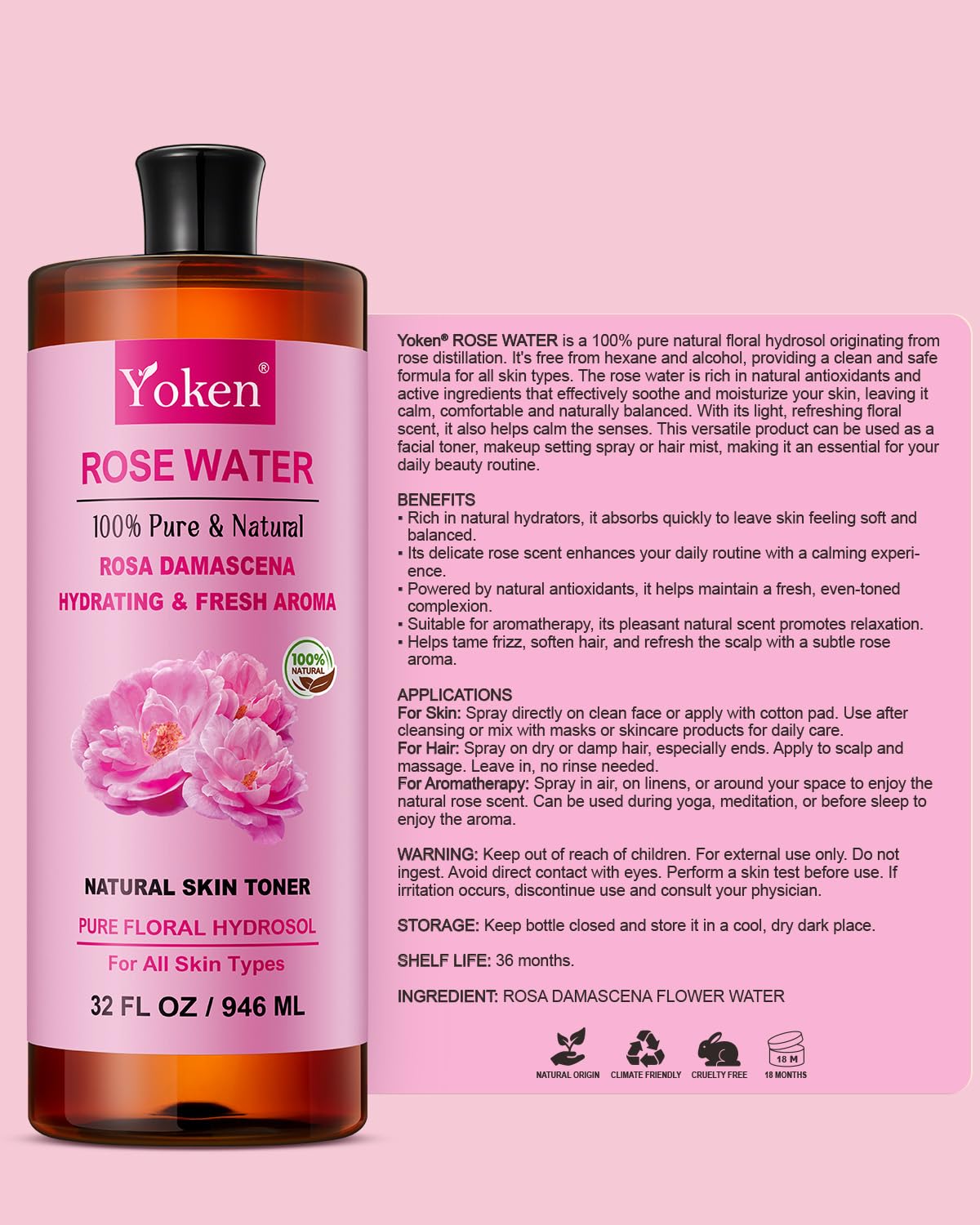 Natural aroma of Yoken Rose Water Toner enhances daily self-care.