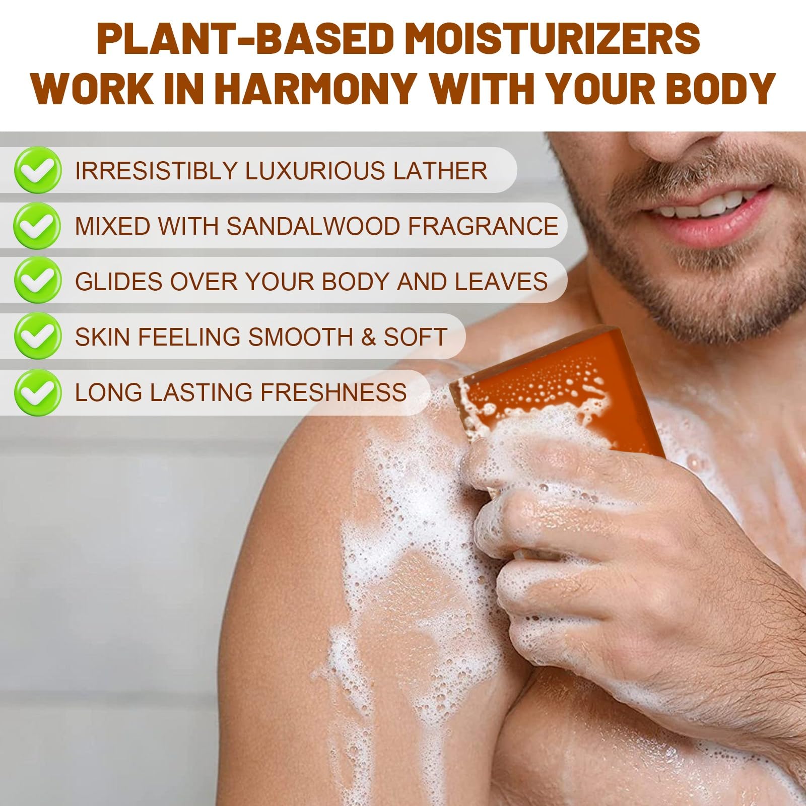 Close-up of sandalwood exfoliating particles gently refining skin texture.
