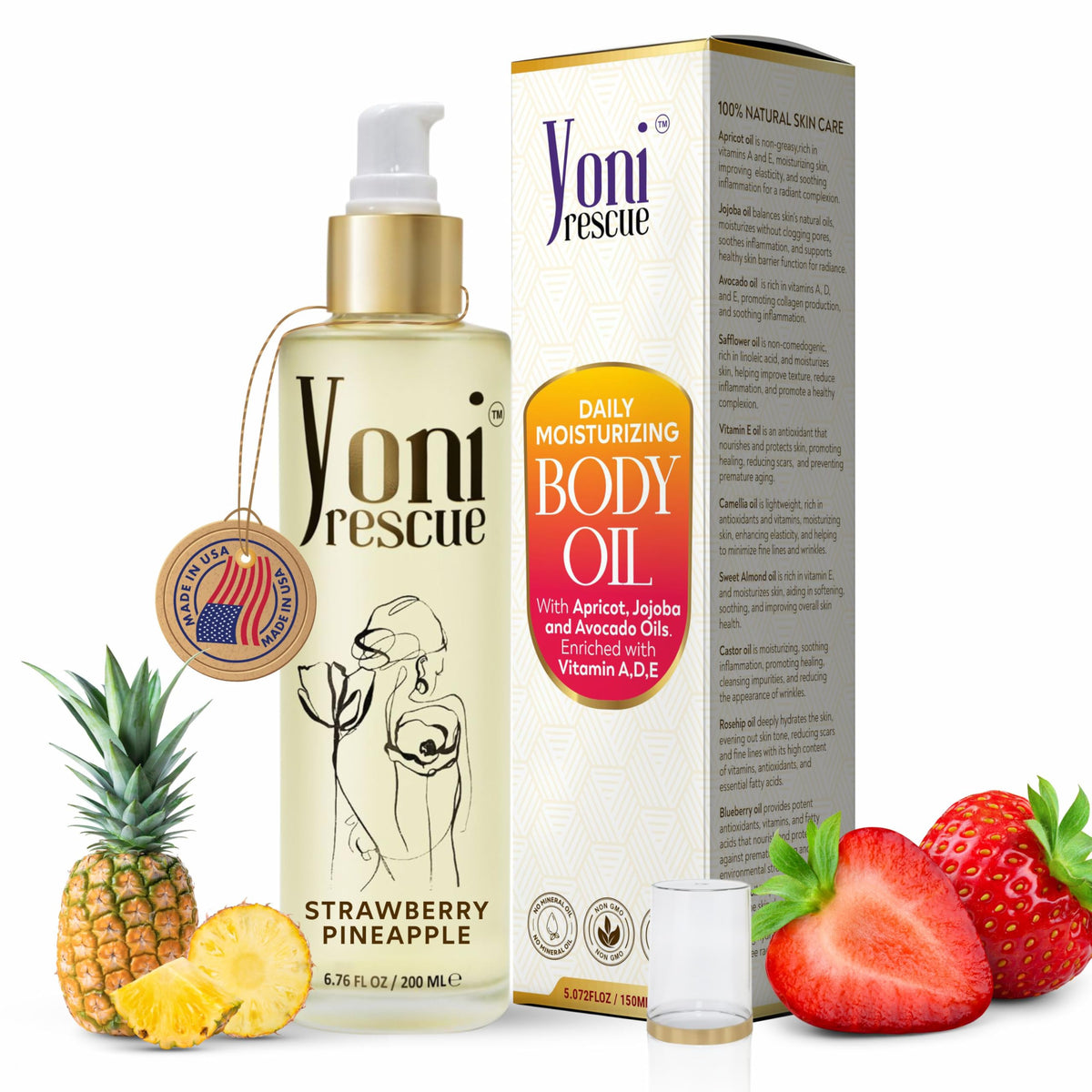 Yoni Rescue After Shower Oil bottle front showing hydrating skincare for all skin types.