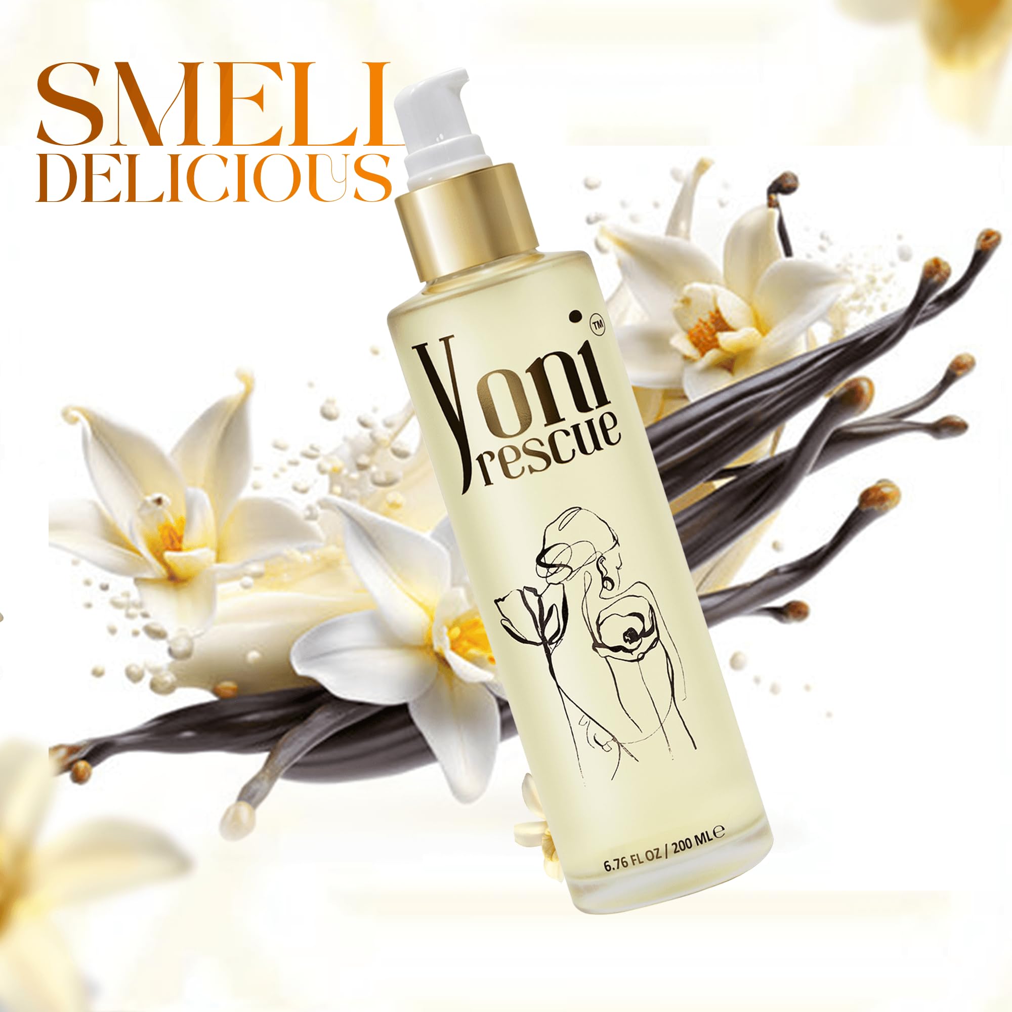 Yoni Rescue body oil pour closeup highlighting quick-absorb texture.