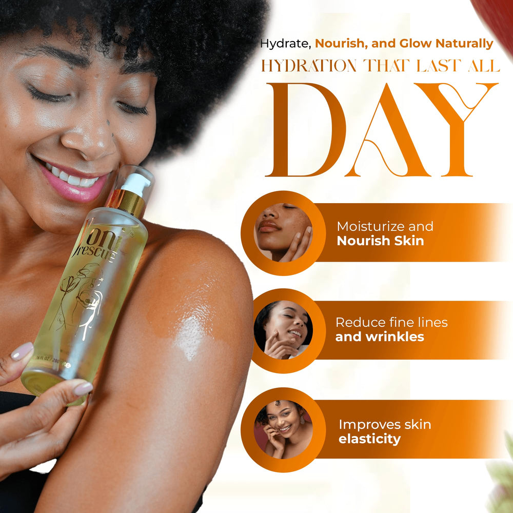 Yoni Rescue body oil texture closeup shows lightweight non-greasy feel.