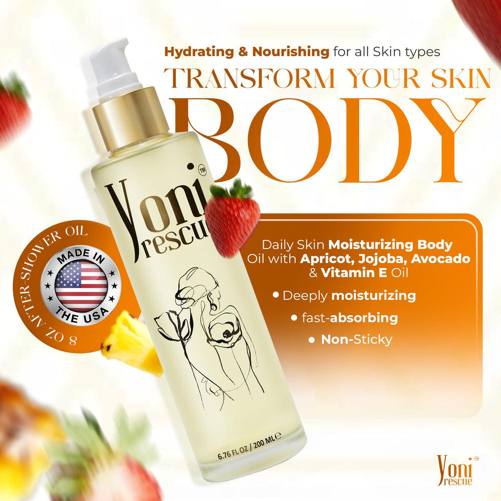 Yoni Rescue nourishing oil blend with apricot and jojoba for hydrated skin.