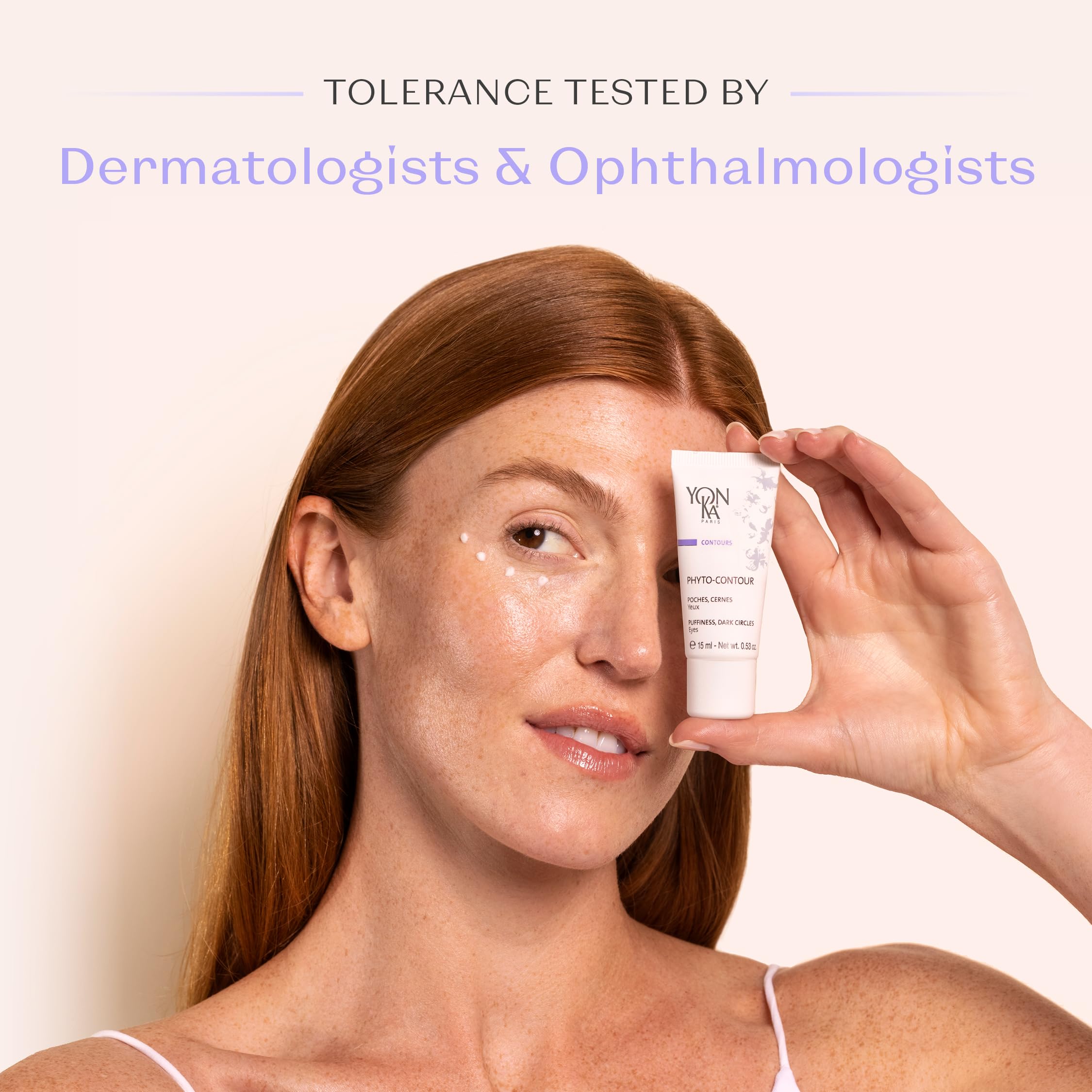 Gentle eye-area massage with Yonka Phyto-Contour shown nearby